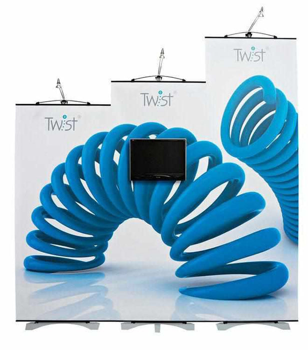 3 twist banner stands showing the height options.
