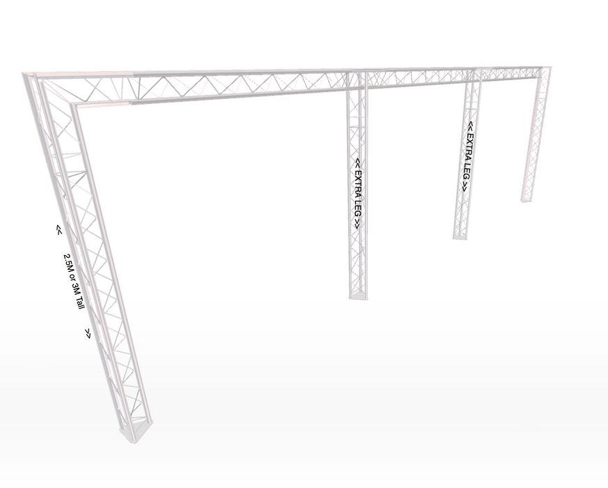 Modularer Fachwerkständer im Bogenstil, 10 m breit | 2,5 m hoch | Mit zusätzlichen Beinen (X3)