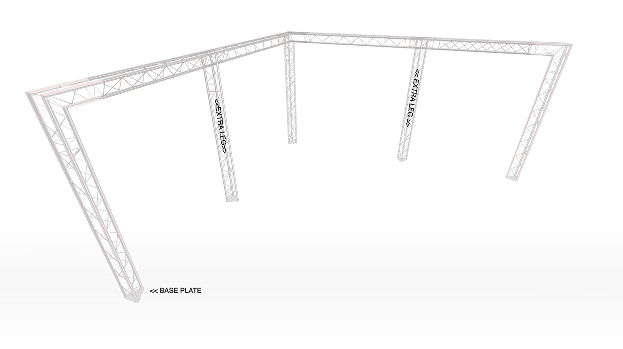 Modularer Truss-Ständer im Eckstil, 8 m breit x 10 m tief | 2,5 m hoch | Mit zusätzlichen Beinen (X5)