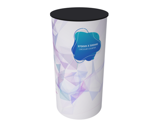 Round display plinth with black top printed body wrap