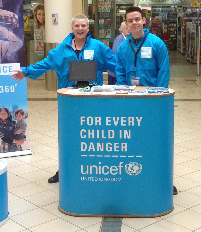 White Oak portable display counter, strong Fabric and MDF tambour body