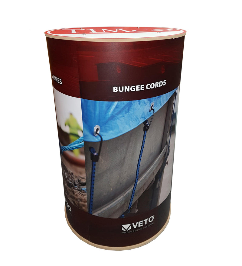 Runder Präsentationssockel mit grafischem Logo, verschiedene Breiten und Höhen.