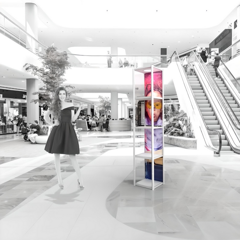 A portable square showcase tower with LEDs