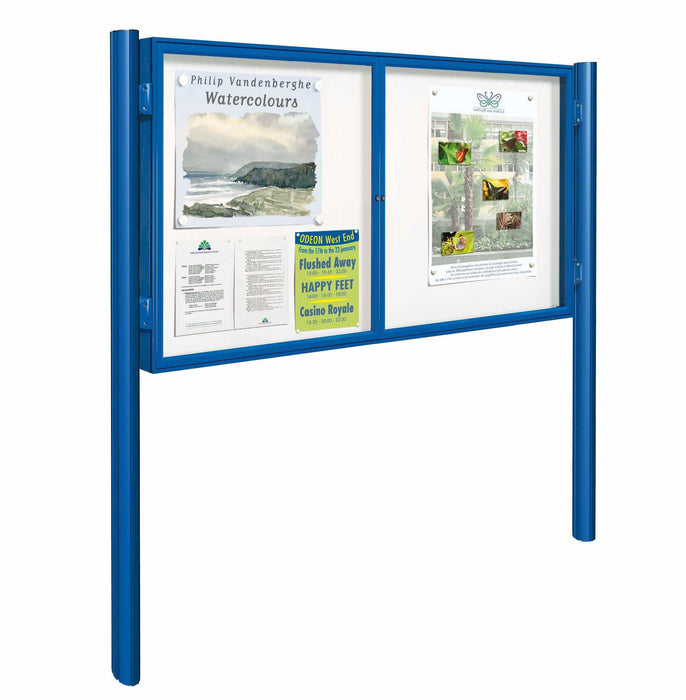 Blue double door exterior notice board and posts