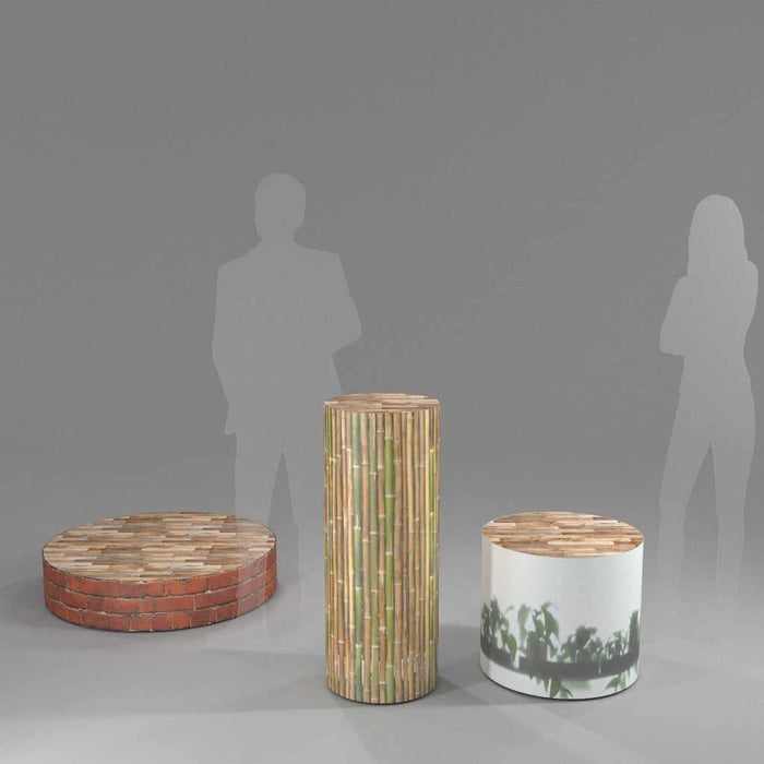 Round graphic display plinths wood effect