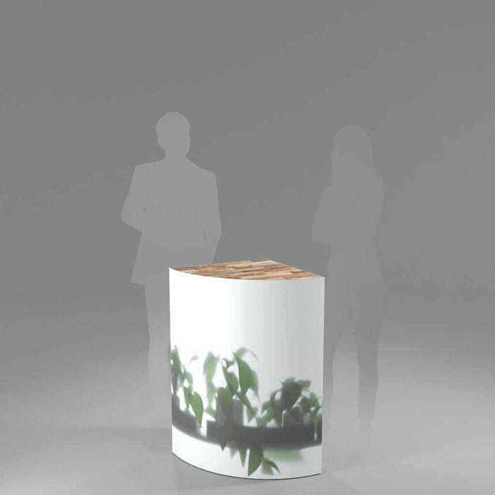 corner or quarter circle shaped display plinth with graphics