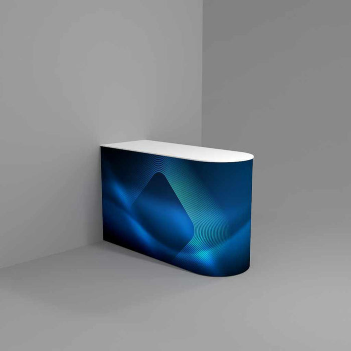 Single D style display counter against wall