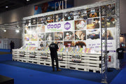 Exhibition stand design showing provision for banners and lighting