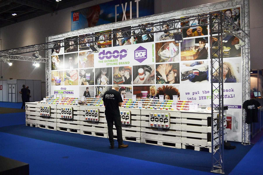 Exhibition stand design showing provision for banners and lighting