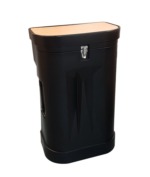 Black moulded pop up display transport case with beech top.