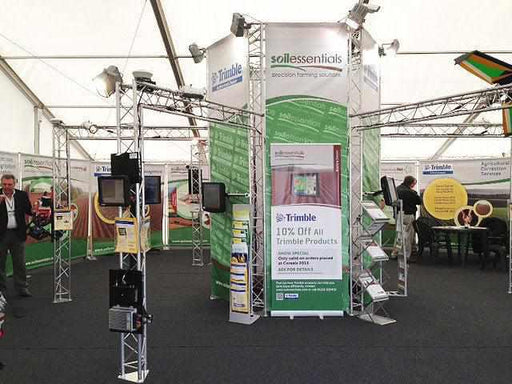 lighting truss in a marquee with lights and banners