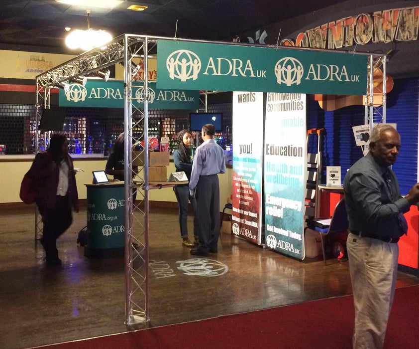 Exhibition lighting gantry at an event.