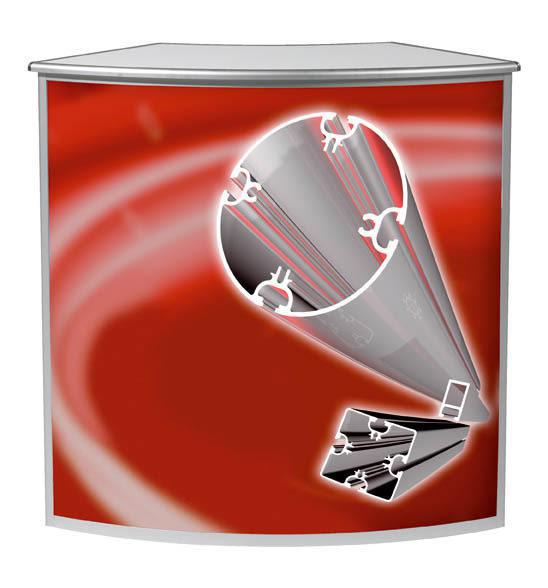 Aluminum framed curved exhibition counter with graphic panels and white top.