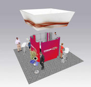 Aerial graphic display structures on cables at an exhibition