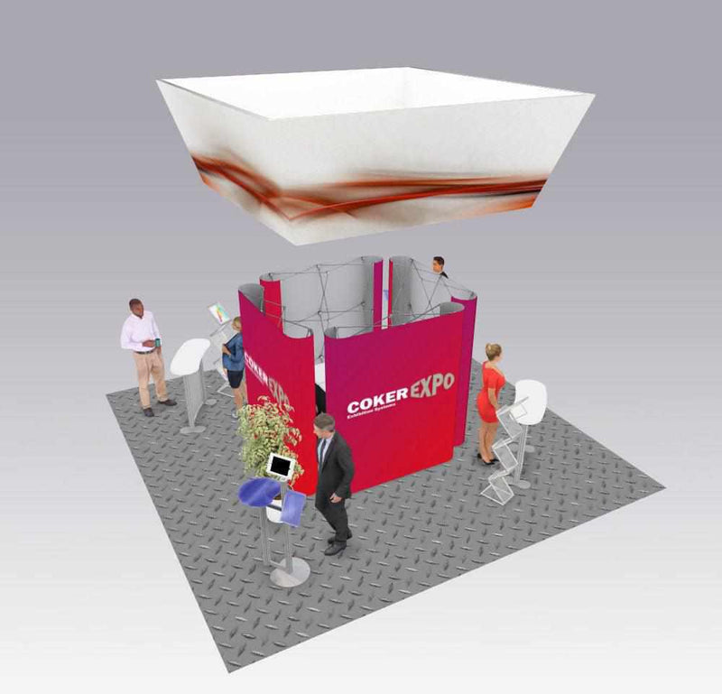 Aerial graphic display structures on cables at an exhibition