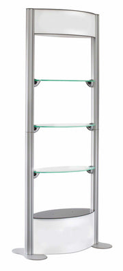 Portable display show case with empty shelves shown.