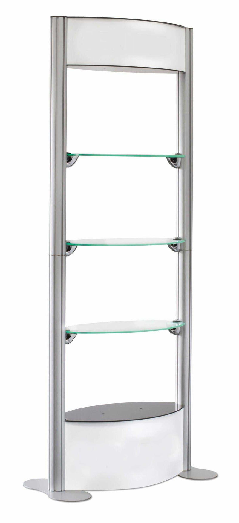 Portable display show case with empty shelves shown.